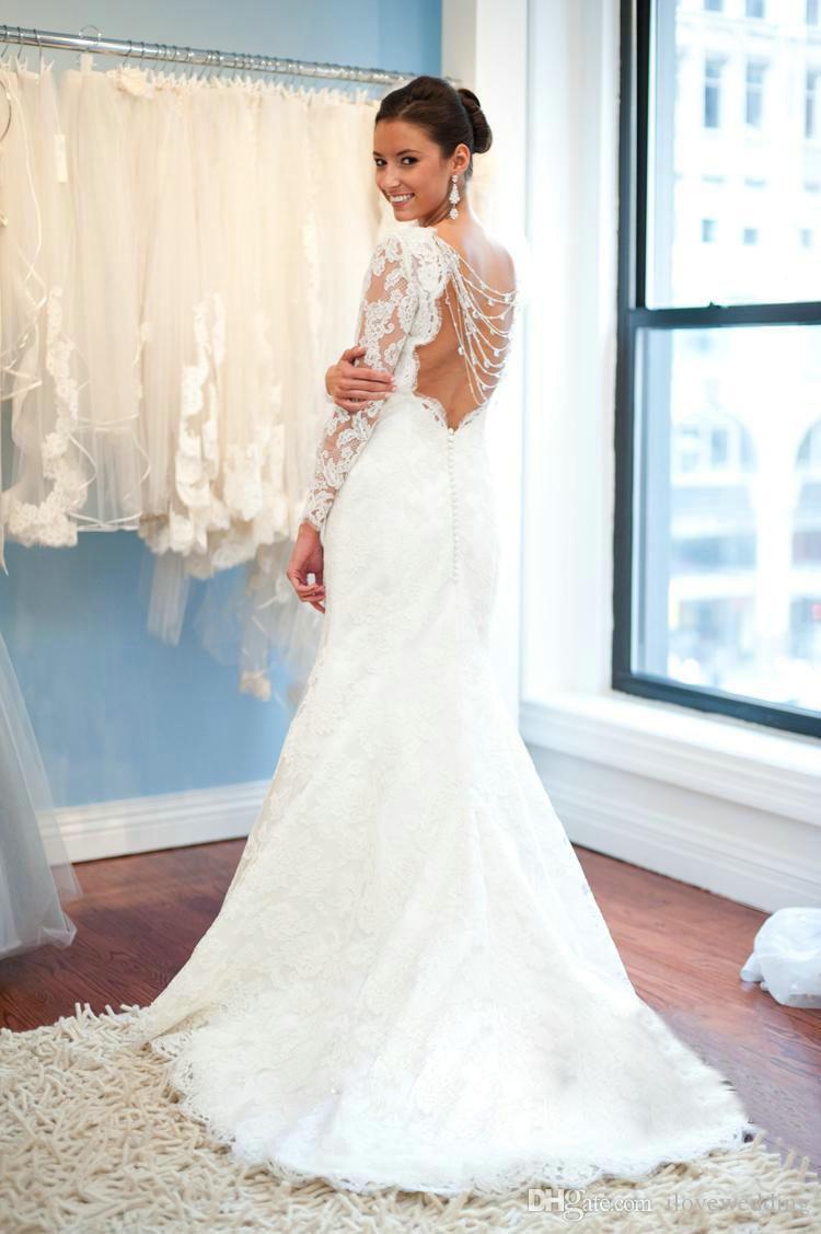 Elegant Lace Long Sleeve Wedding Dress White Sweep Train