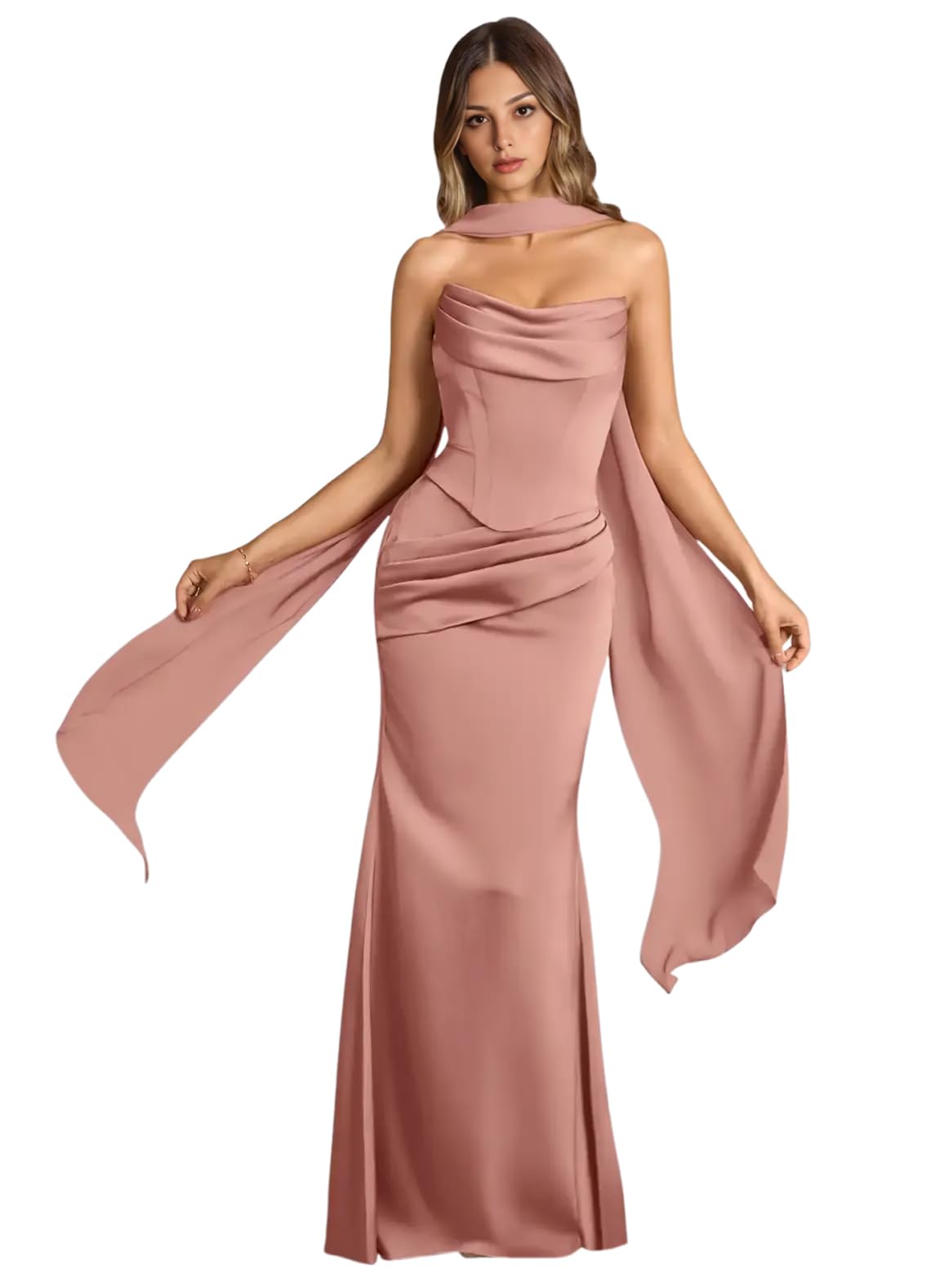 Strapless Satin with Scarf Convertible Long Mermaid Prom Dresses