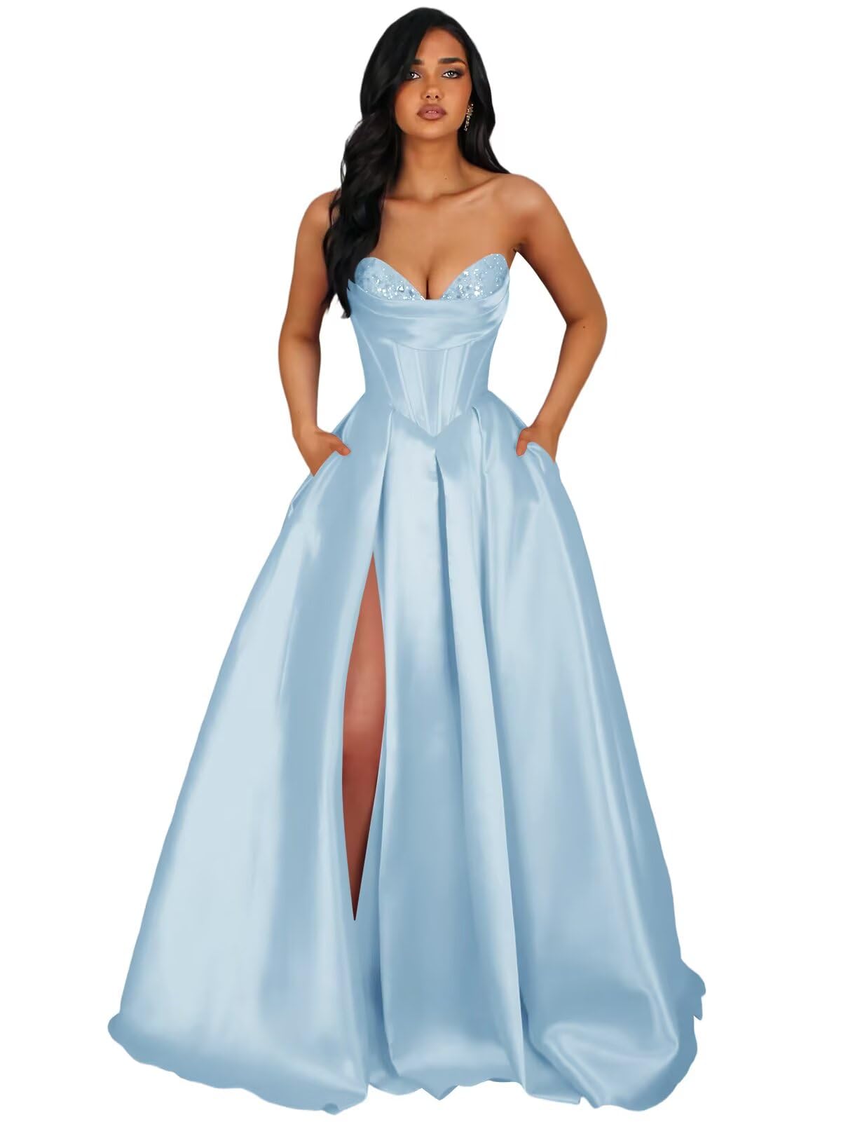 Strapless Satin Prom Dresses Long Formal Evening Cocktail Dress with Slit