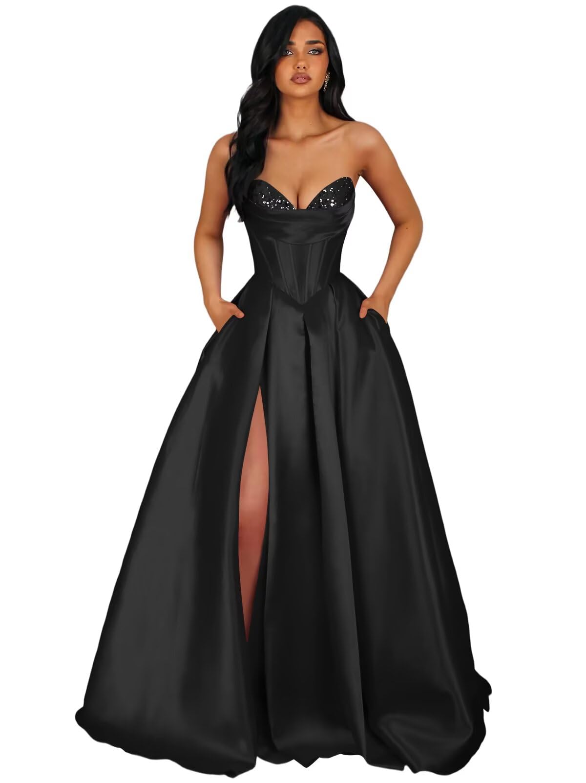 Strapless Satin Prom Dresses Long Formal Evening Cocktail Dress with Slit