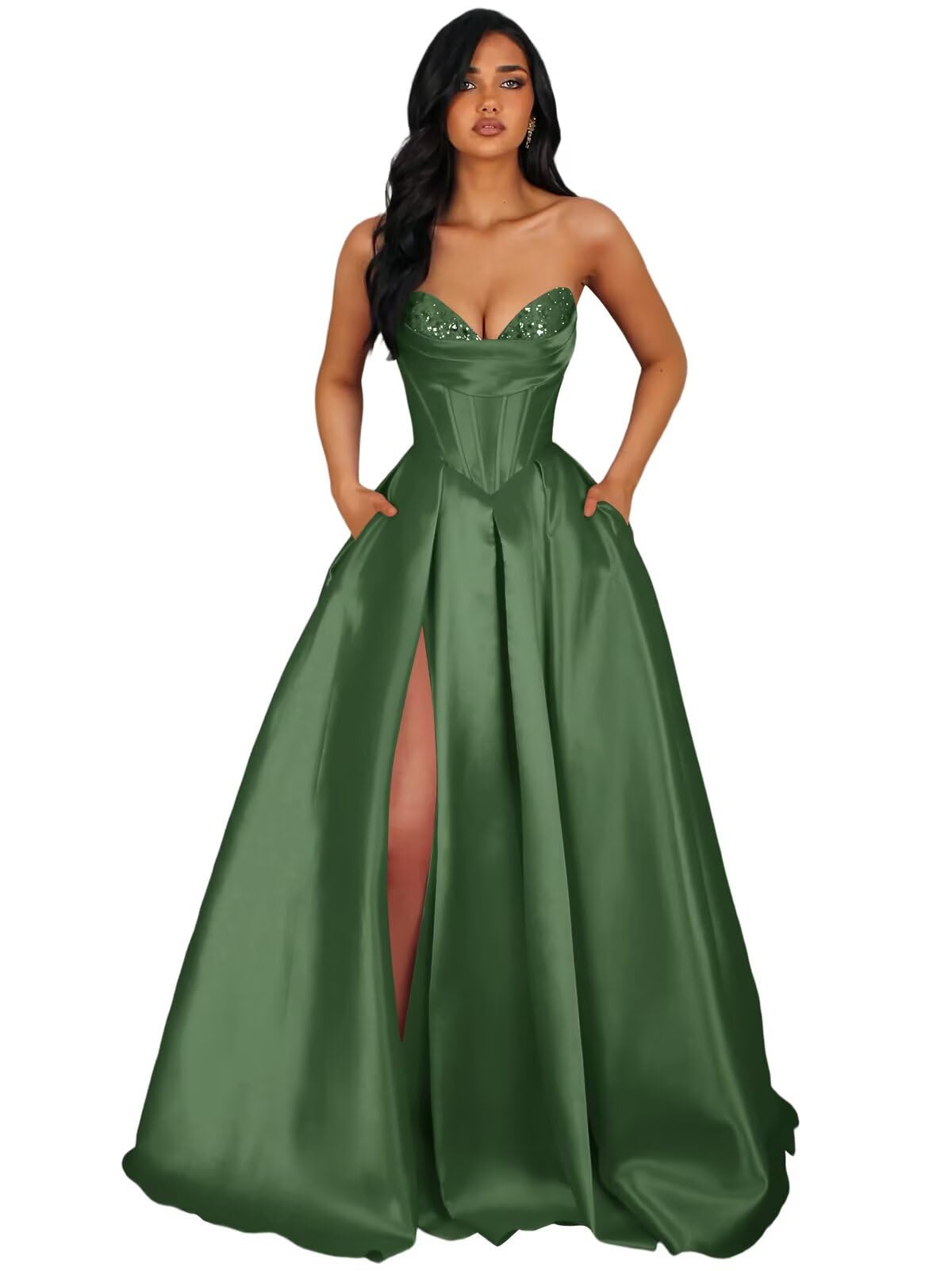 Strapless Satin Prom Dresses Long Formal Evening Cocktail Dress with Slit