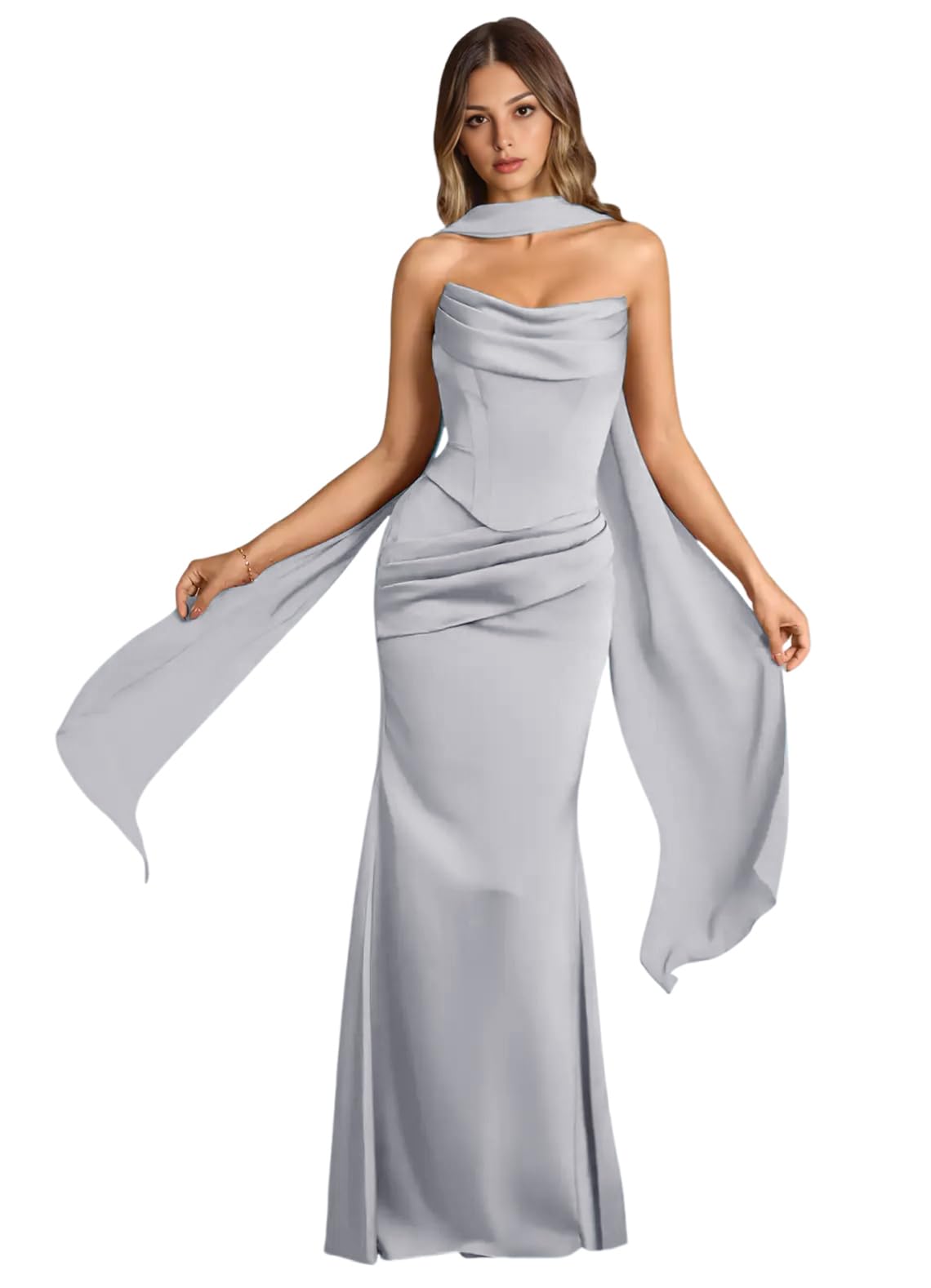 Strapless Satin with Scarf Convertible Long Mermaid Prom Dresses