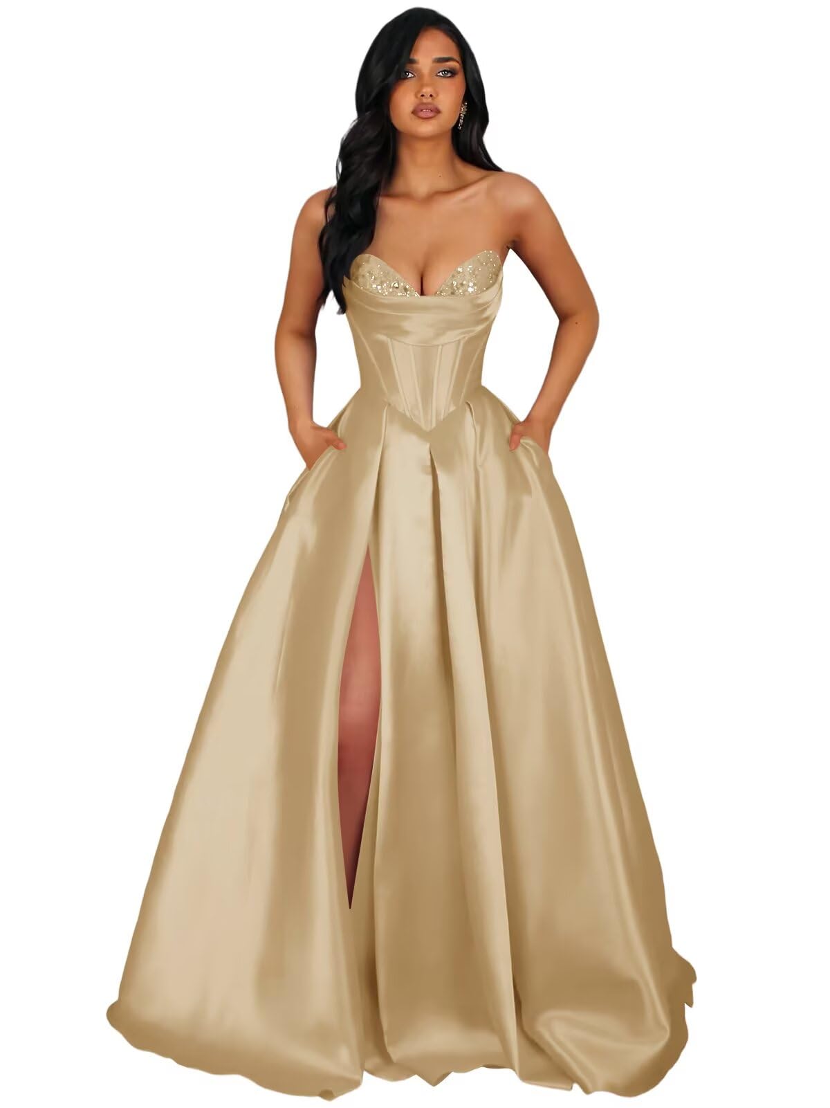 Strapless Satin Prom Dresses Long Formal Evening Cocktail Dress with Slit