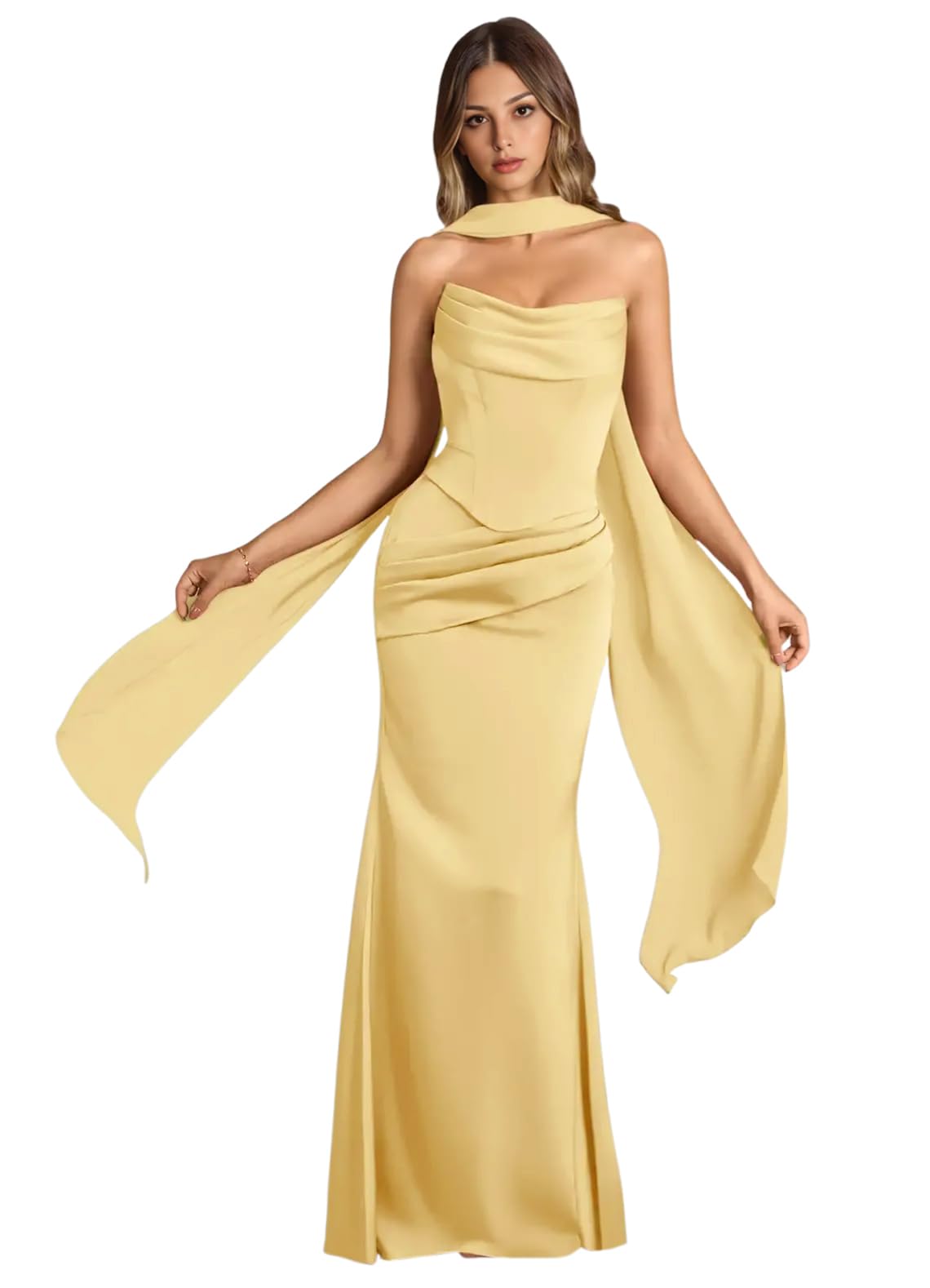 Strapless Satin with Scarf Convertible Long Mermaid Prom Dresses
