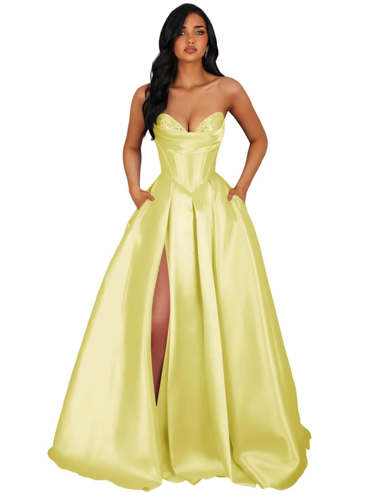 Strapless Satin Prom Dresses Long Formal Evening Cocktail Dress with Slit