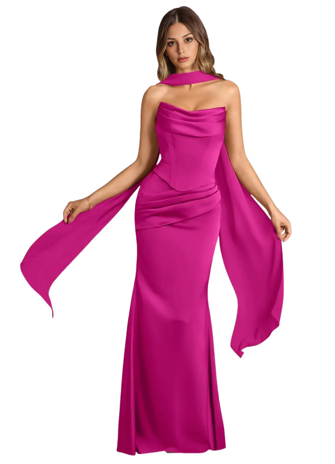Strapless Satin with Scarf Convertible Long Mermaid Prom Dresses