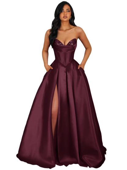 Strapless Satin Prom Dresses Long Formal Evening Cocktail Dress with Slit