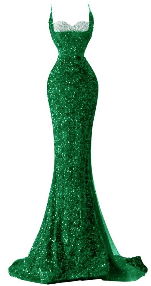 Spaghetti Straps Sequin Mermaid Long Prom Dresses  with Slit