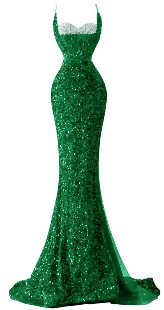 Spaghetti Straps Sequin Mermaid Long Prom Dresses  with Slit