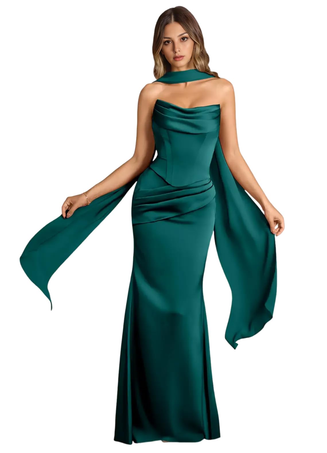 Strapless Satin with Scarf Convertible Long Mermaid Prom Dresses