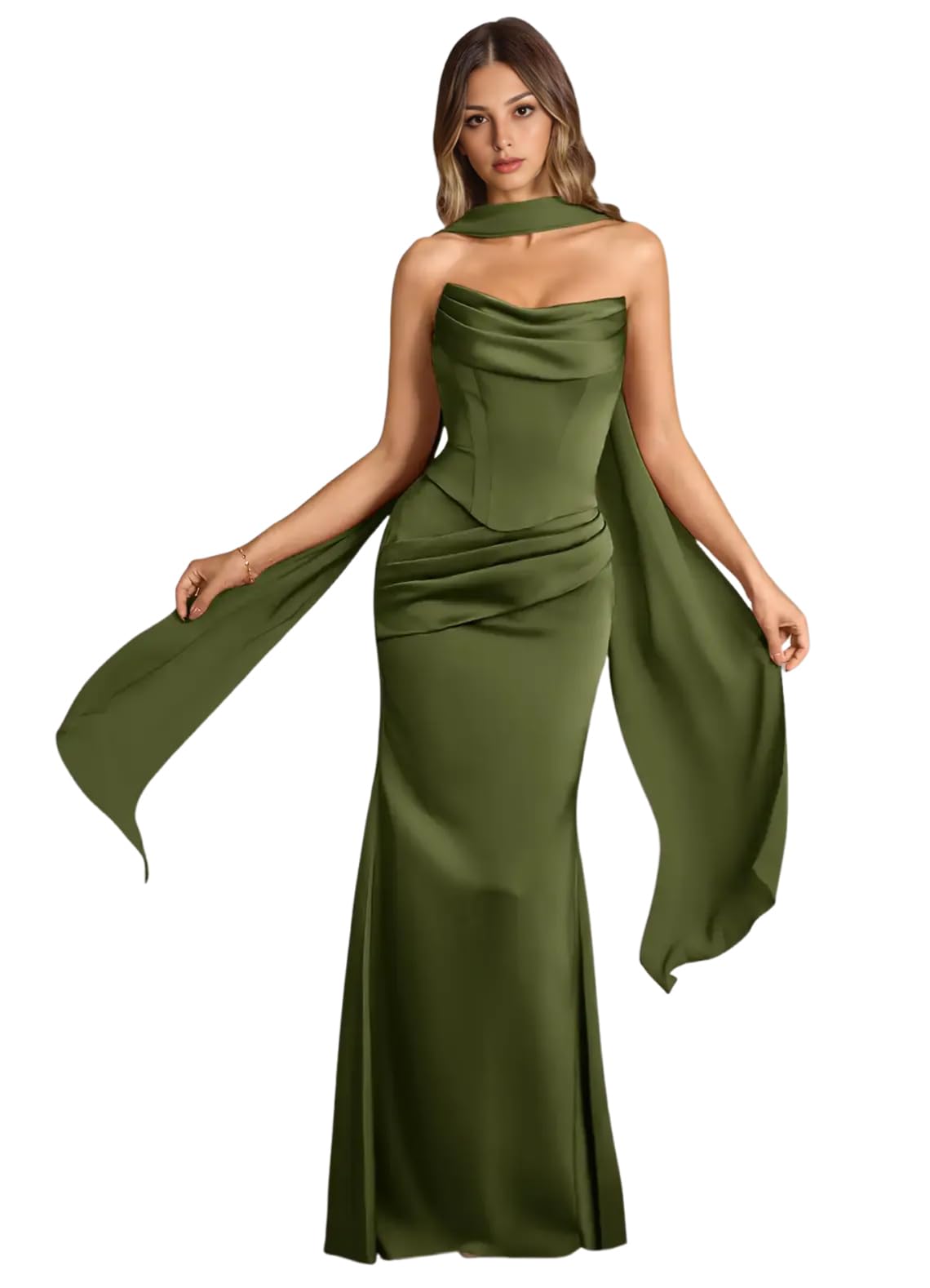 Strapless Satin with Scarf Convertible Long Mermaid Prom Dresses