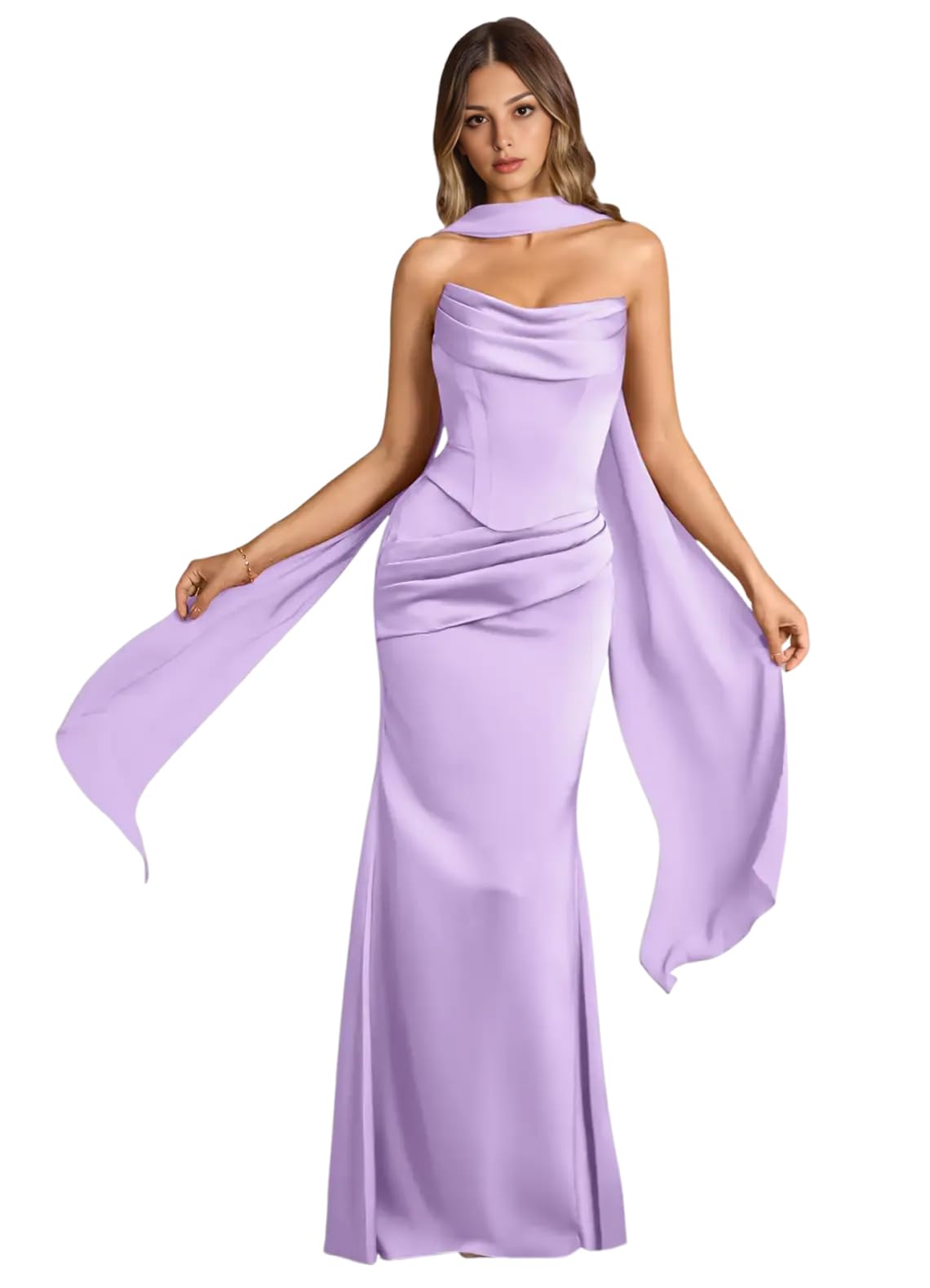 Strapless Satin with Scarf Convertible Long Mermaid Prom Dresses