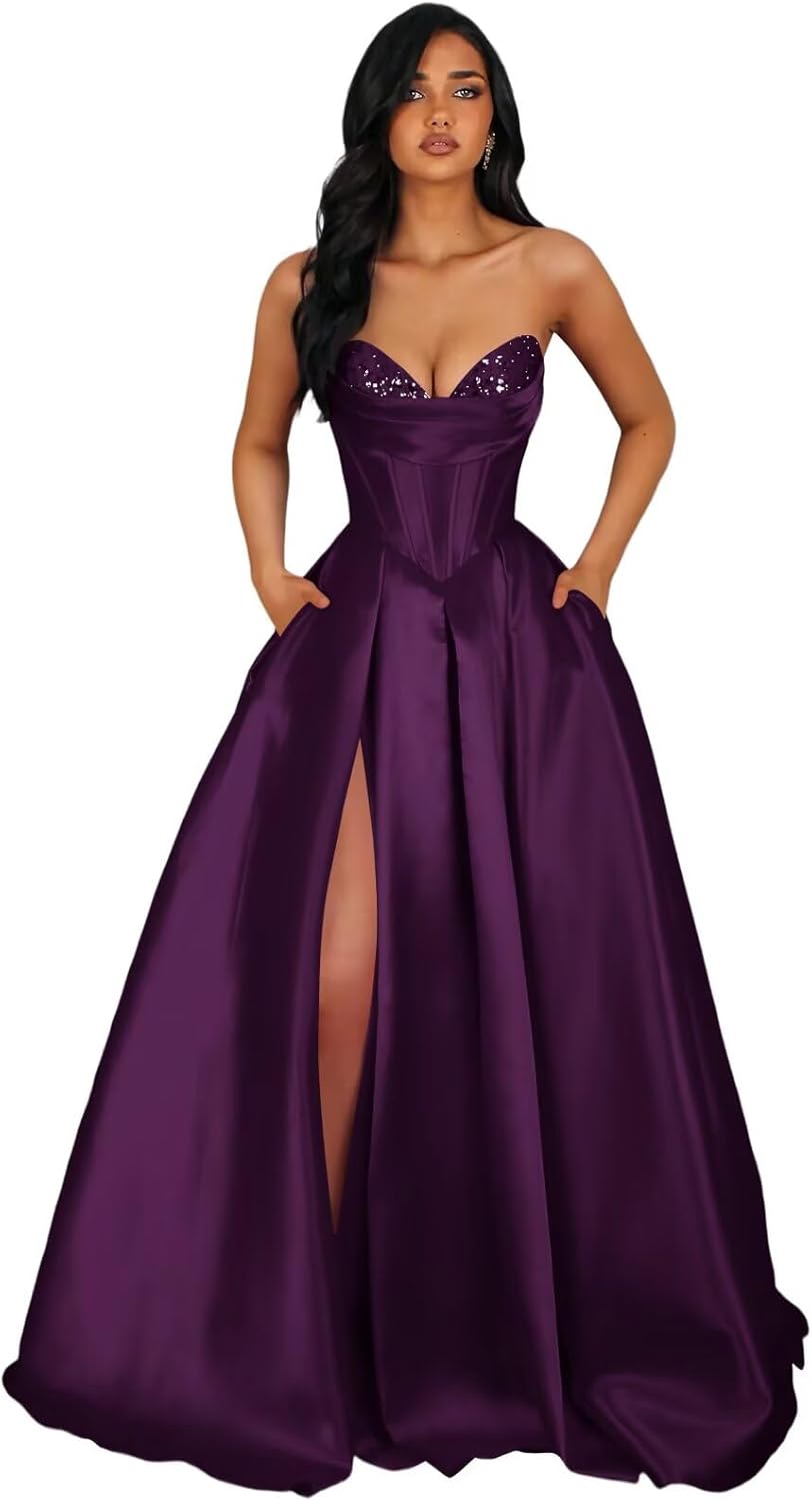 Strapless Satin Prom Dresses Long Formal Evening Cocktail Dress with Slit