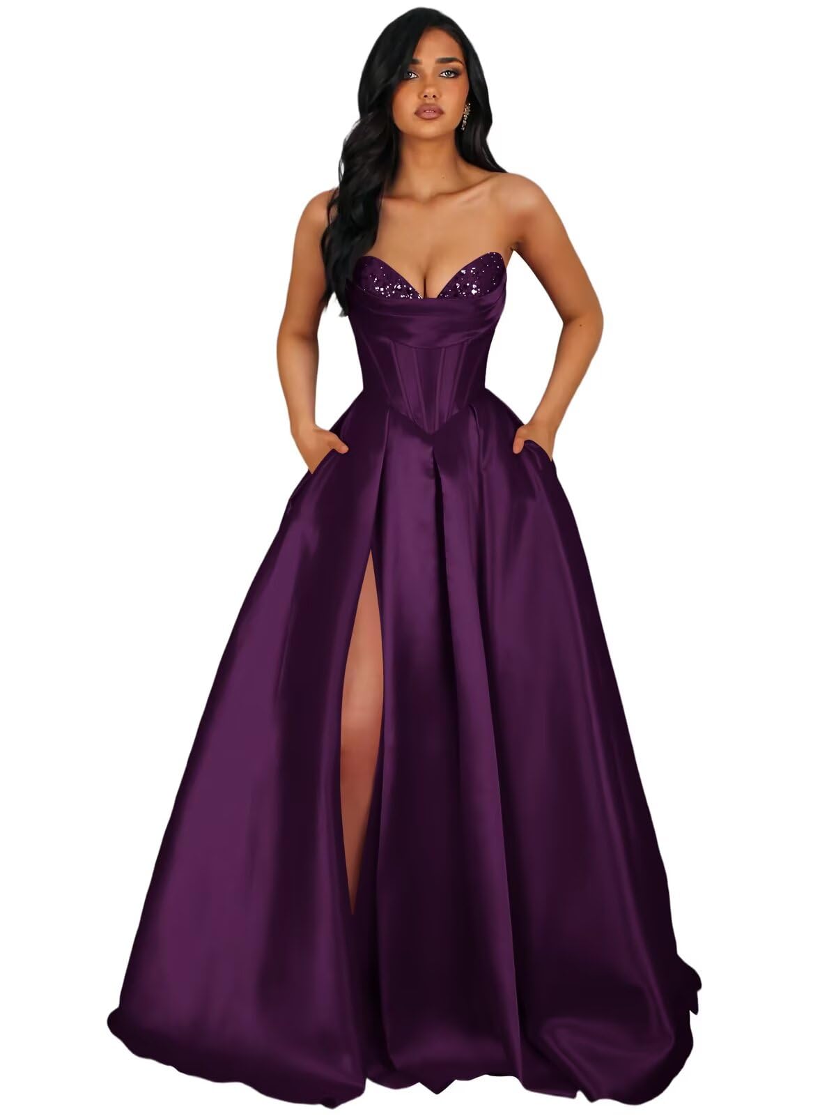 Strapless Satin Prom Dresses Long Formal Evening Cocktail Dress with Slit