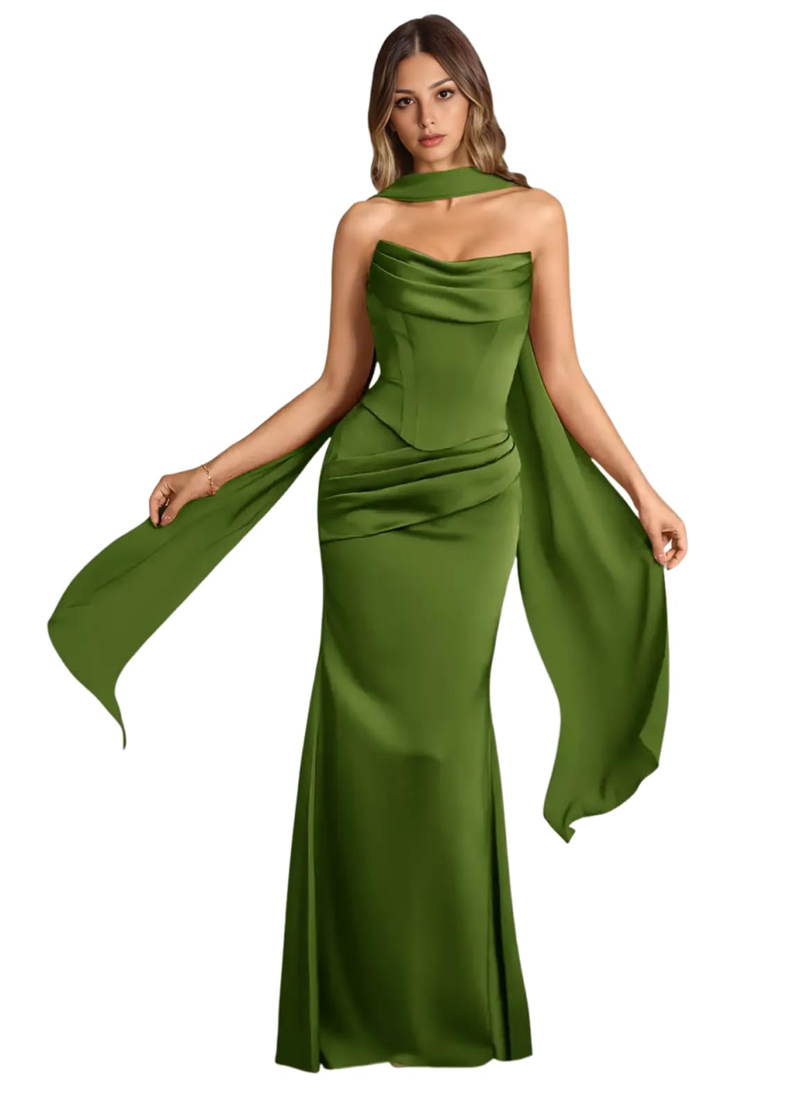 Strapless Satin with Scarf Convertible Long Mermaid Prom Dresses