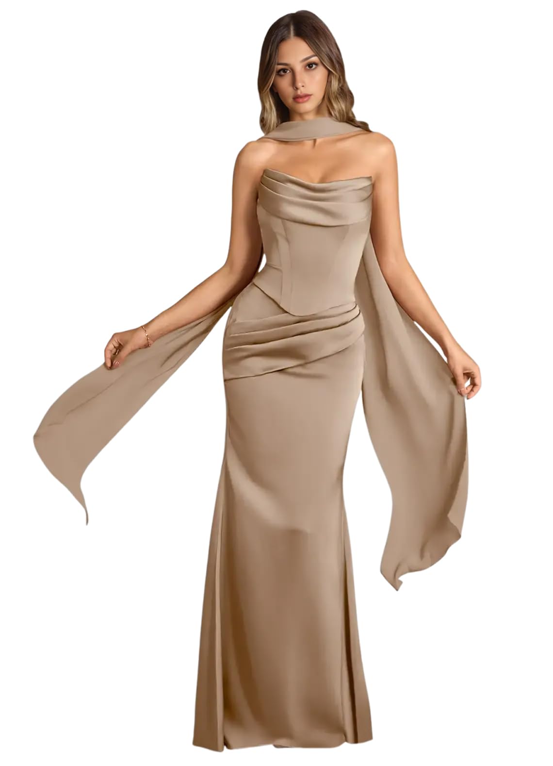 Strapless Satin with Scarf Convertible Long Mermaid Prom Dresses
