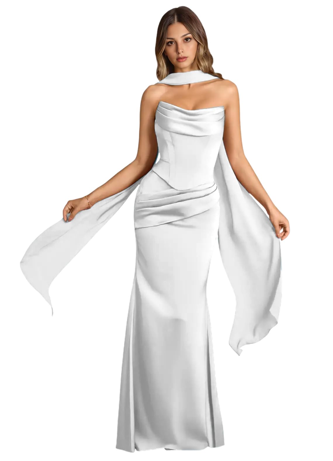 Strapless Satin with Scarf Convertible Long Mermaid Prom Dresses