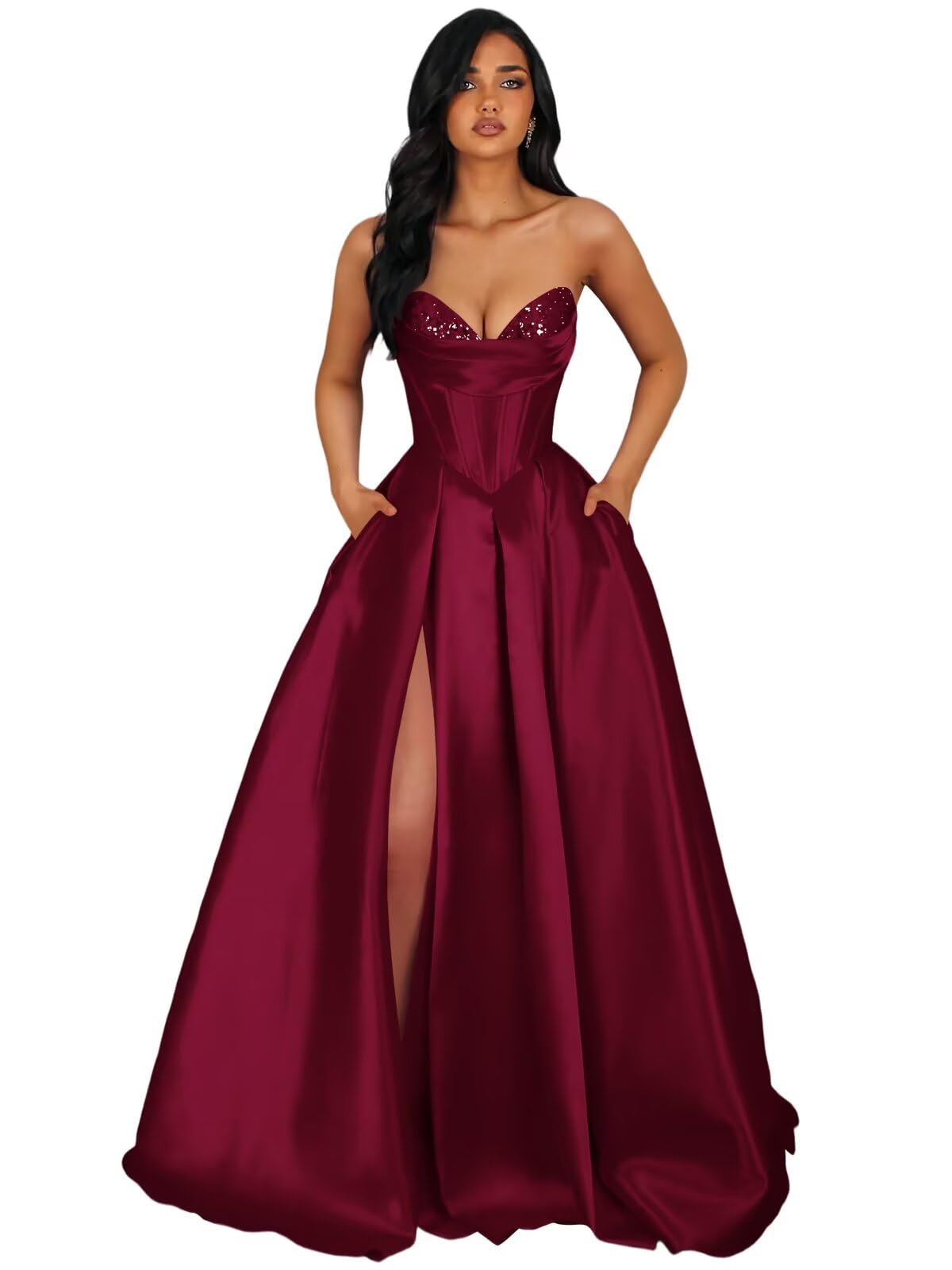 Strapless Satin Prom Dresses Long Formal Evening Cocktail Dress with Slit