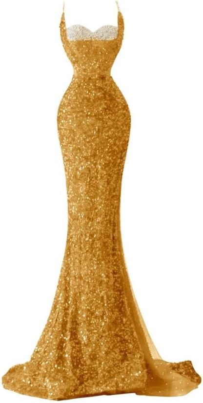 Spaghetti Straps Sequin Mermaid Long Prom Dresses  with Slit