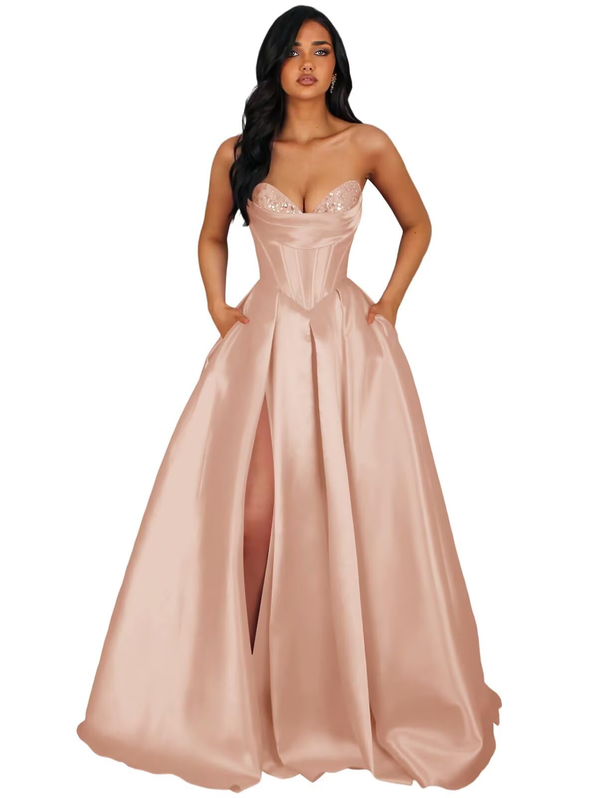 Strapless Satin Prom Dresses Long Formal Evening Cocktail Dress with Slit