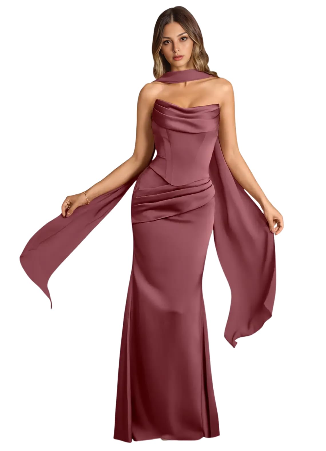 Strapless Satin with Scarf Convertible Long Mermaid Prom Dresses