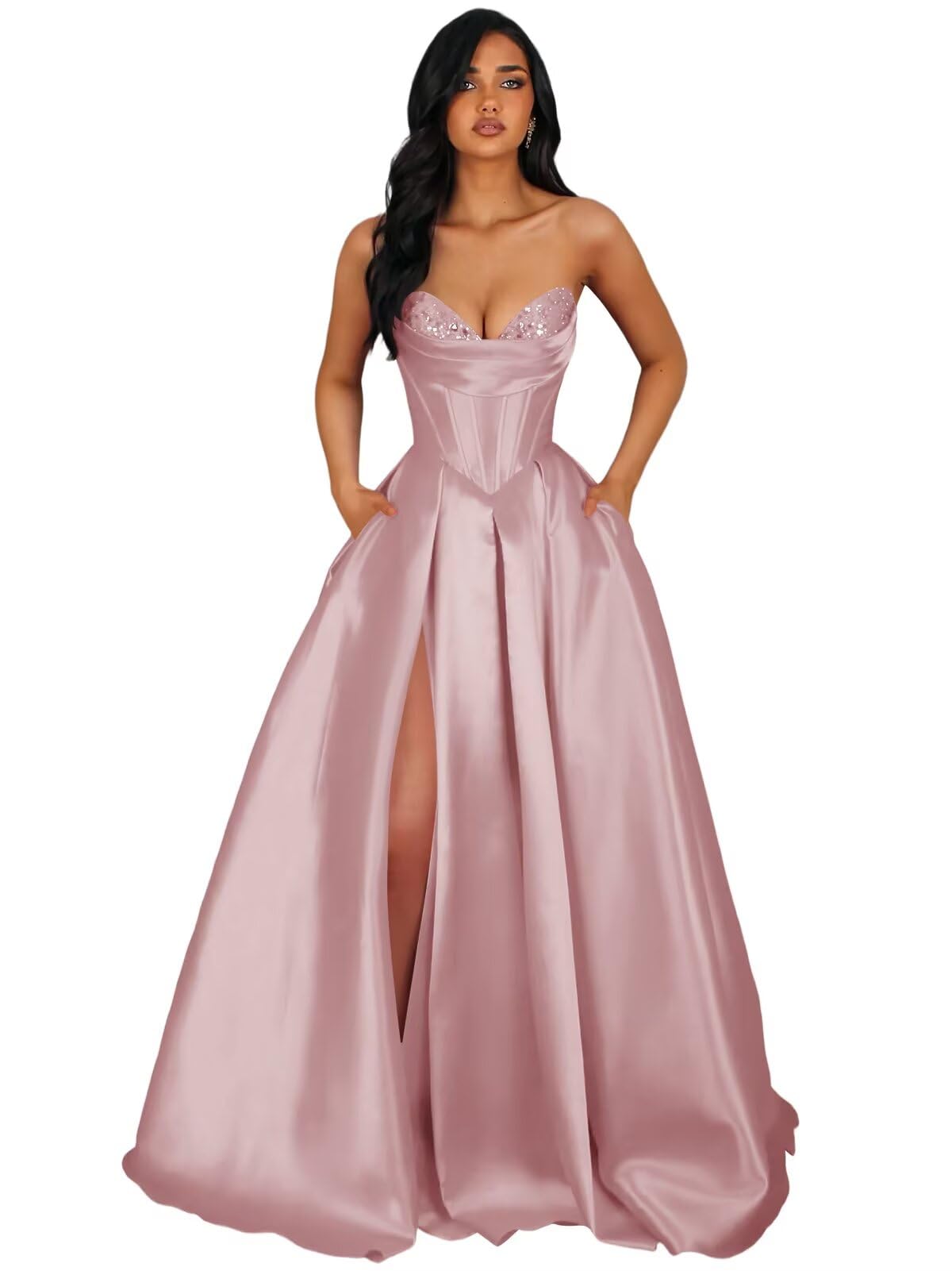 Strapless Satin Prom Dresses Long Formal Evening Cocktail Dress with Slit