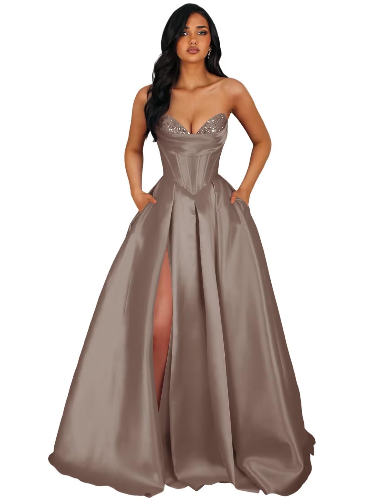 Strapless Satin Prom Dresses Long Formal Evening Cocktail Dress with Slit
