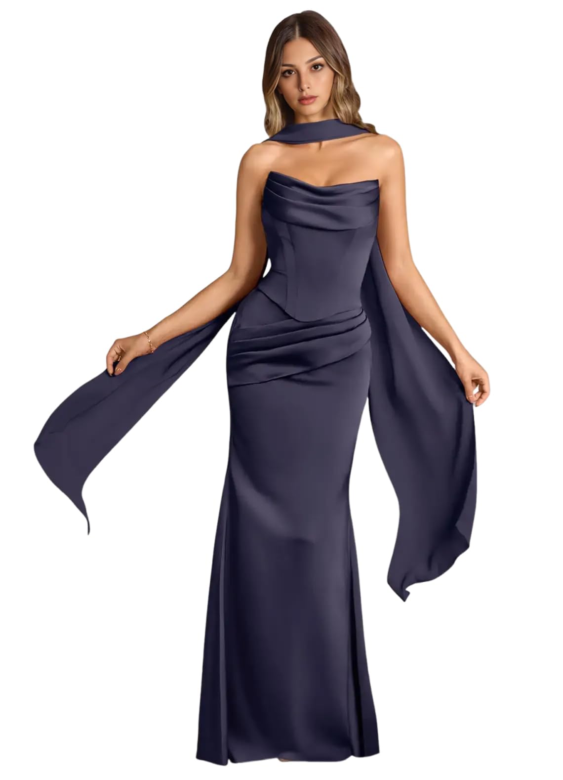 Strapless Satin with Scarf Convertible Long Mermaid Prom Dresses