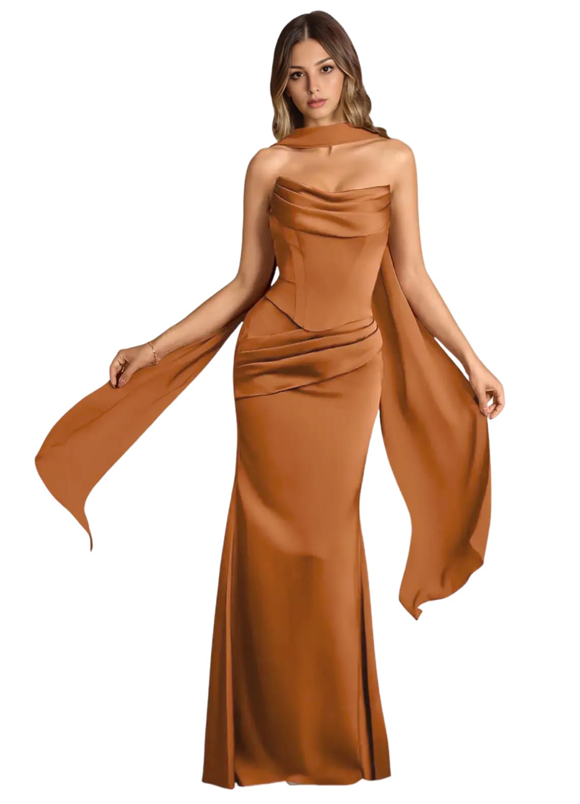 Strapless Satin with Scarf Convertible Long Mermaid Prom Dresses