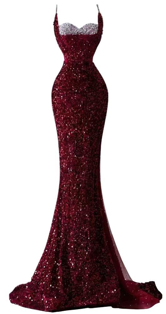 Spaghetti Straps Sequin Mermaid Long Prom Dresses  with Slit