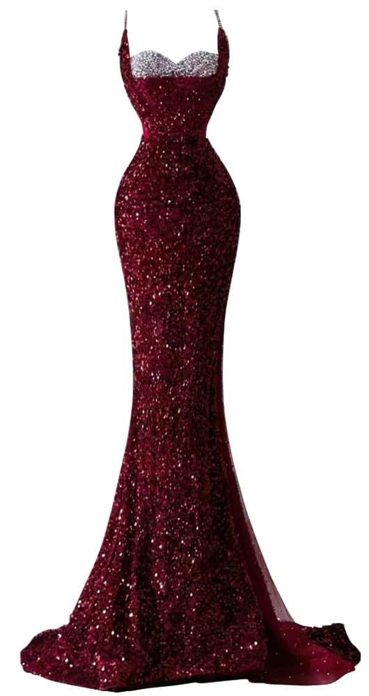 Spaghetti Straps Sequin Mermaid Long Prom Dresses  with Slit