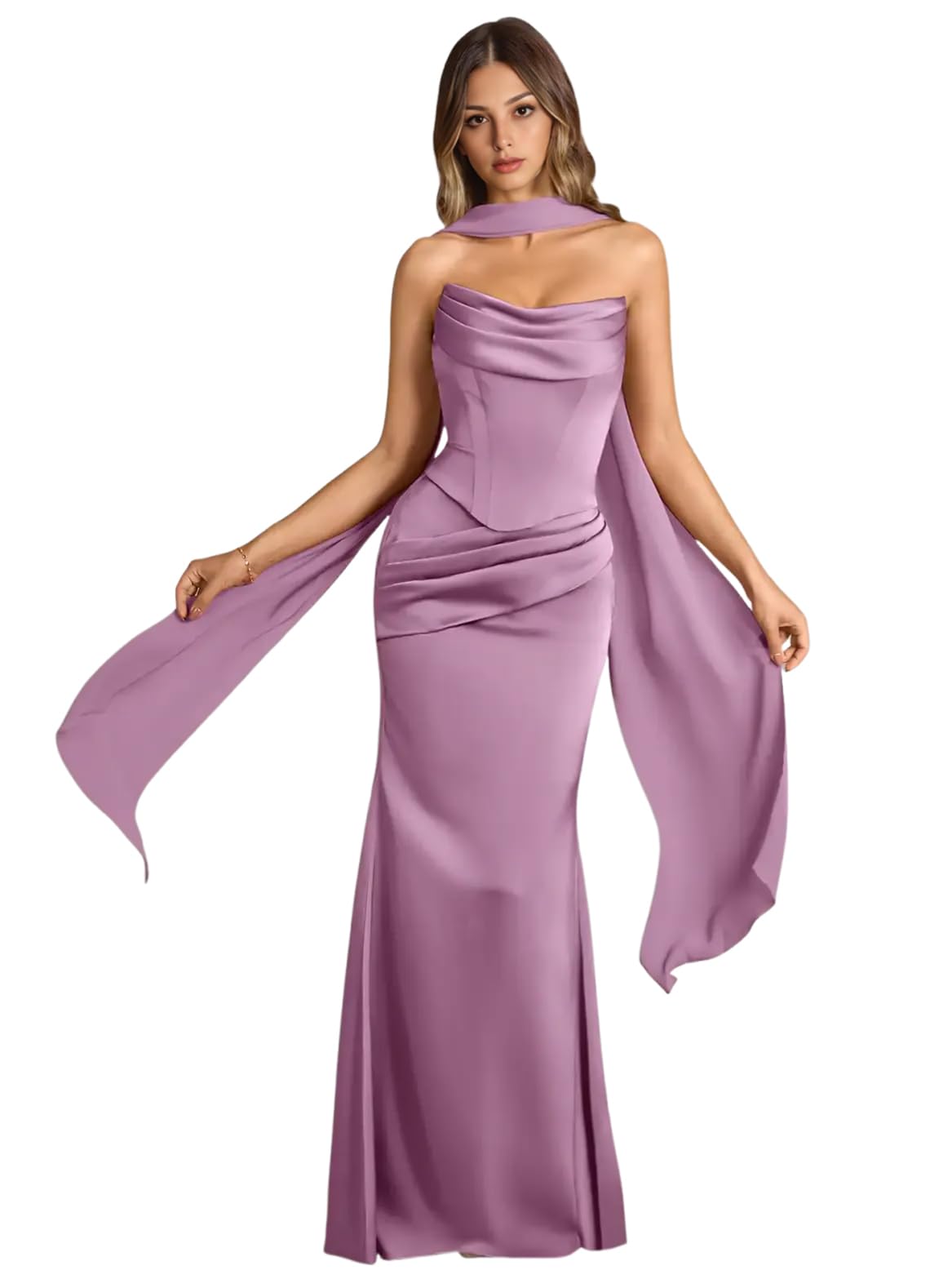 Strapless Satin with Scarf Convertible Long Mermaid Prom Dresses