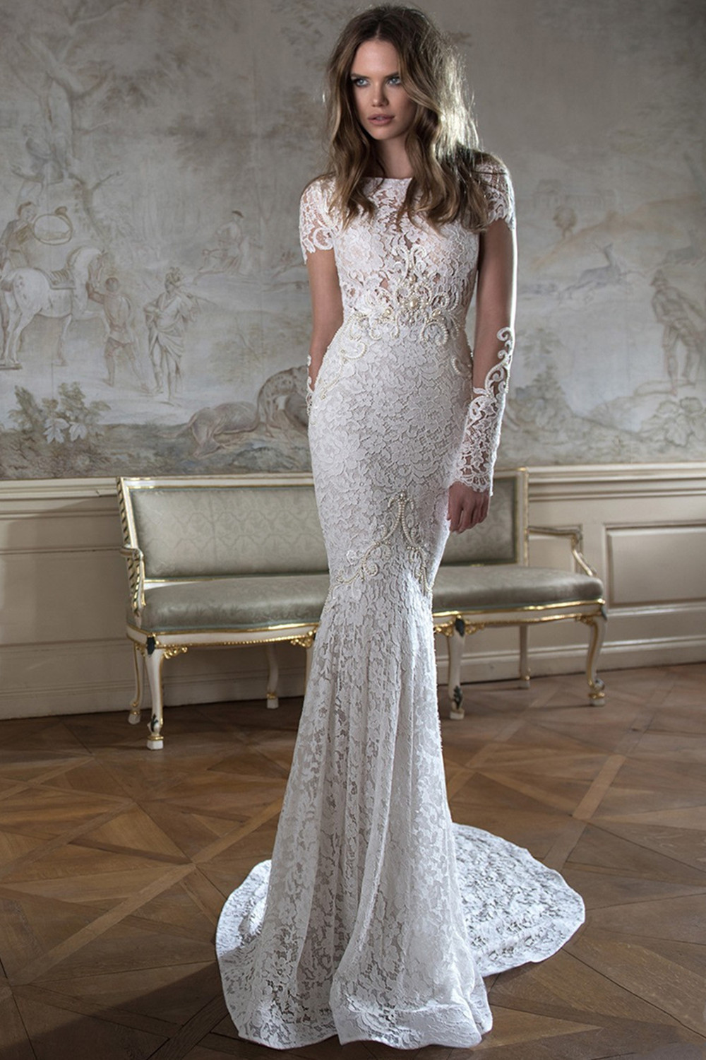 Modern Bateau Cap Sleeve Sexy Mermaid Wedding Dress Open Back With Lace Beadss