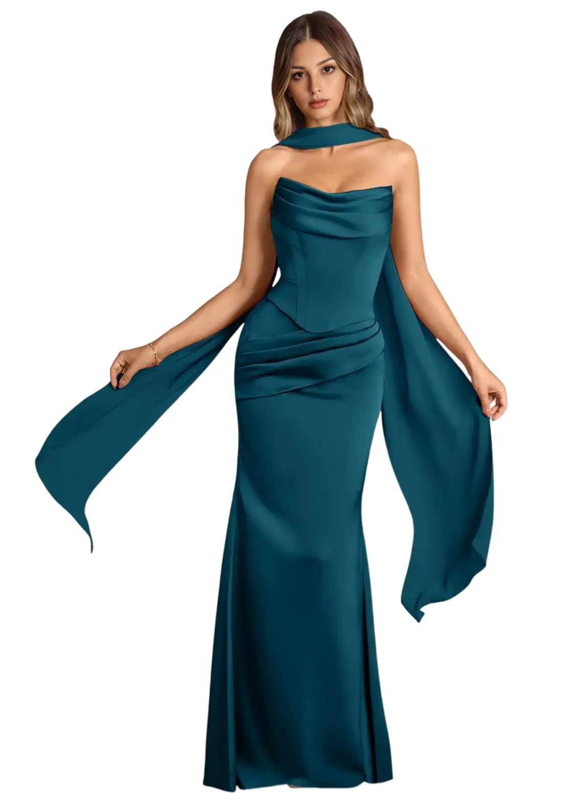 Strapless Satin with Scarf Convertible Long Mermaid Prom Dresses