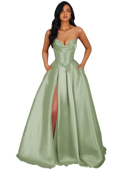 Strapless Satin Prom Dresses Long Formal Evening Cocktail Dress with Slit