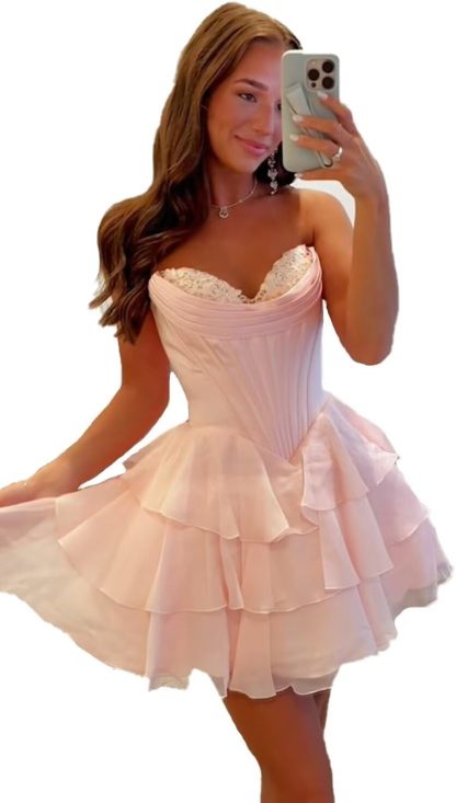 Strapless Corset Tiered Ruffle Chiffon Short Homecoming Dresses for Teens Cocktail Party Dress