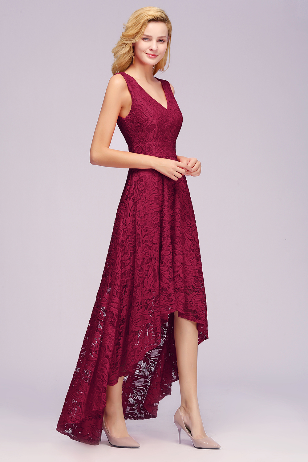 Aline Floral Lace Hi-Lo Formal Dress Sleeveless V-Neck Party Dress