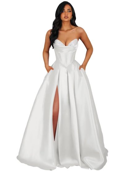 Strapless Satin Prom Dresses Long Formal Evening Cocktail Dress with Slit