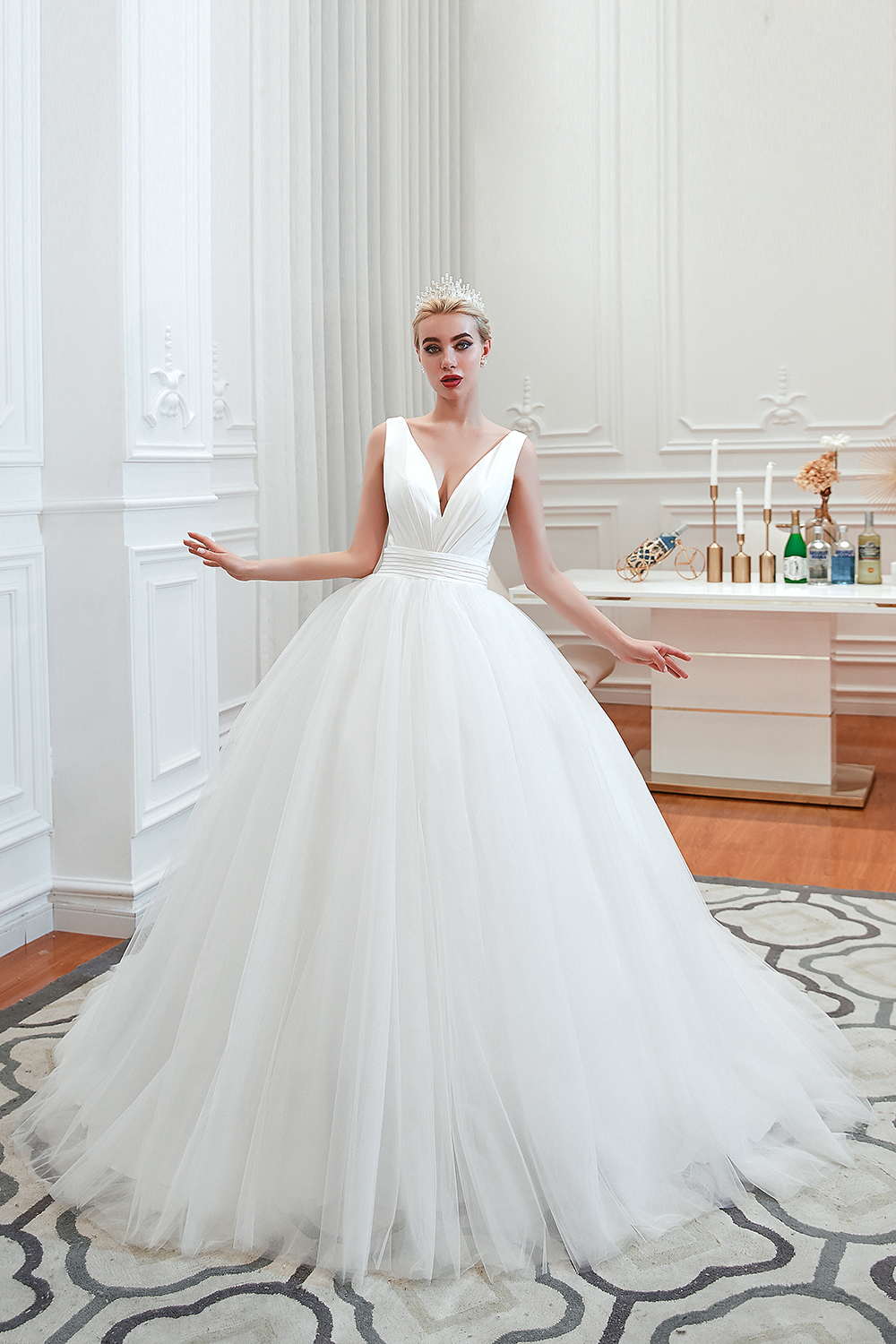 Elegant Low Back Bridal Gowns with Belt Spring Wedding Dress V-Neck