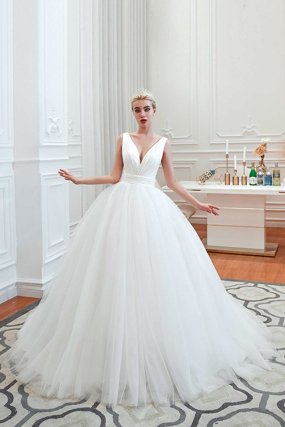 Elegant Low Back Bridal Gowns with Belt Spring Wedding Dress V-Neck