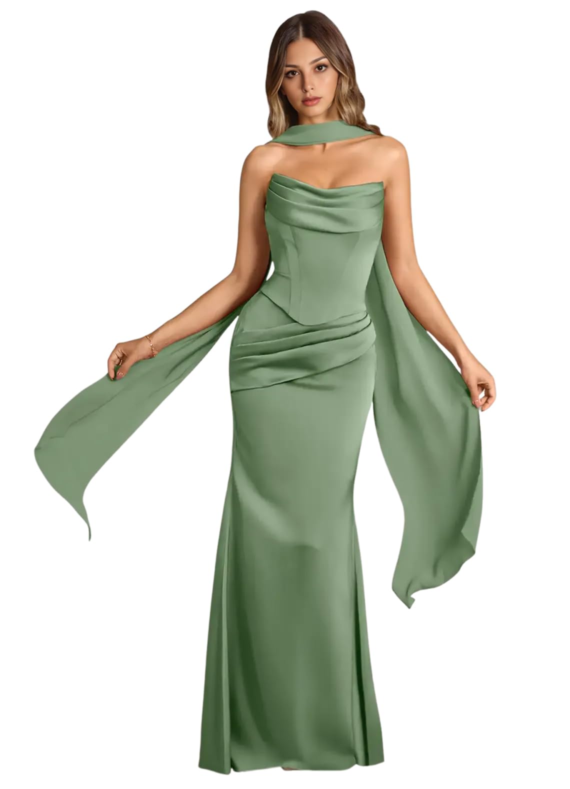 Strapless Satin with Scarf Convertible Long Mermaid Prom Dresses
