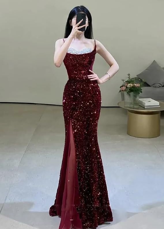 Spaghetti Straps Sequin Mermaid Long Prom Dresses  with Slit