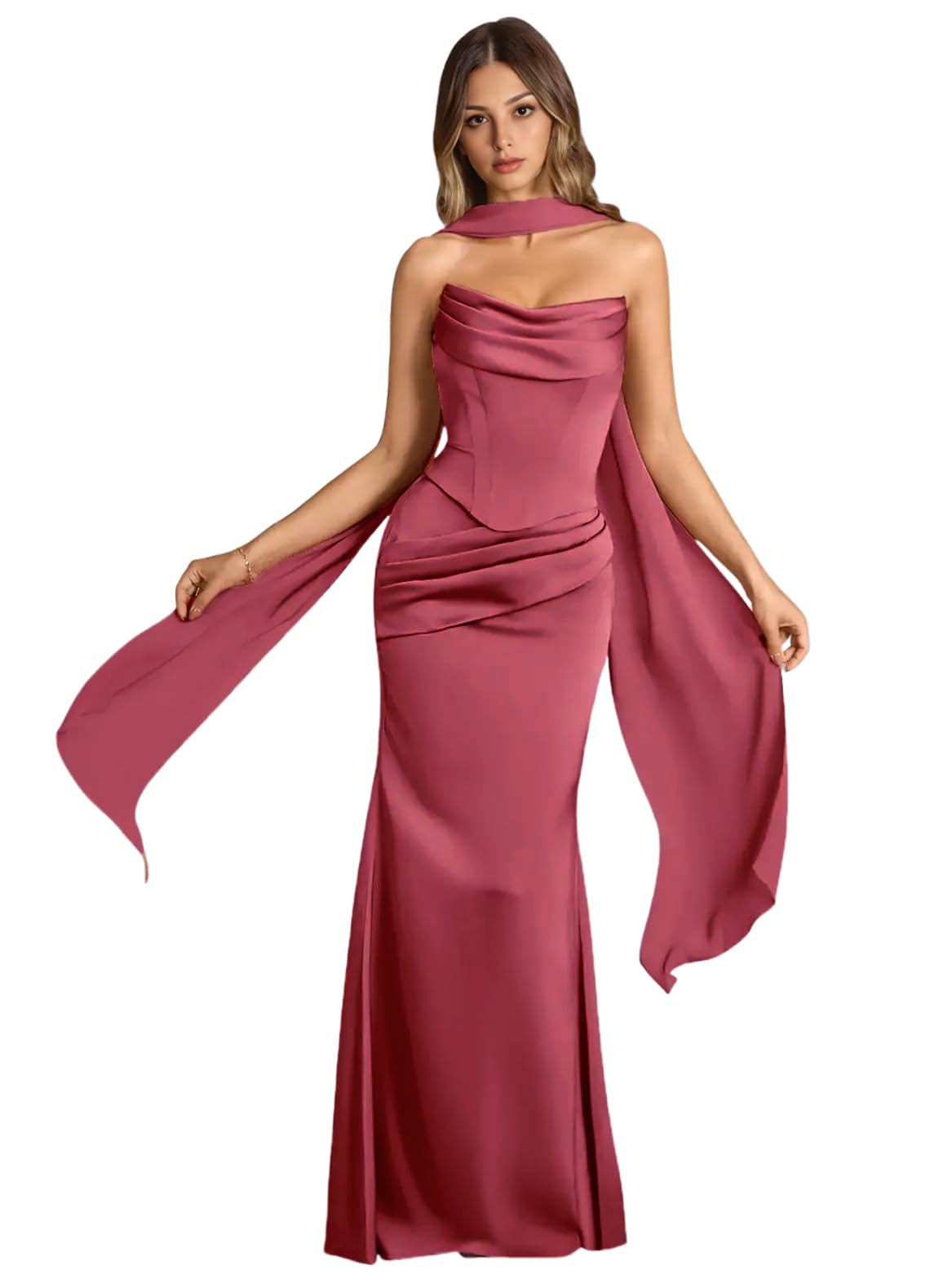 Strapless Satin with Scarf Convertible Long Mermaid Prom Dresses