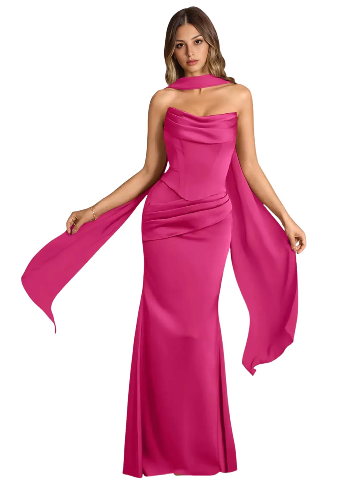 Strapless Satin with Scarf Convertible Long Mermaid Prom Dresses