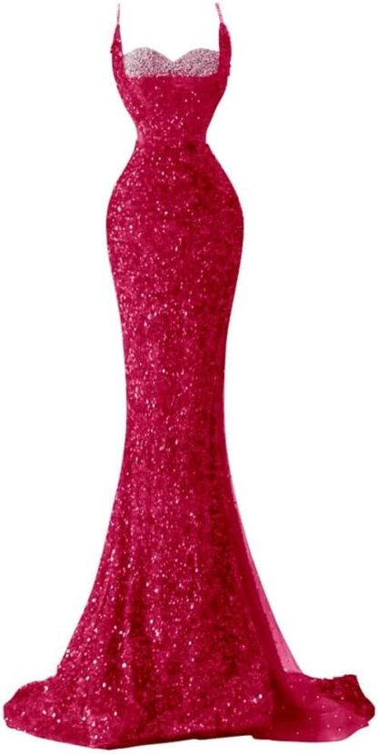 Spaghetti Straps Sequin Mermaid Long Prom Dresses  with Slit
