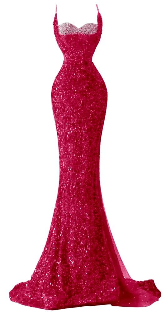 Spaghetti Straps Sequin Mermaid Long Prom Dresses  with Slit