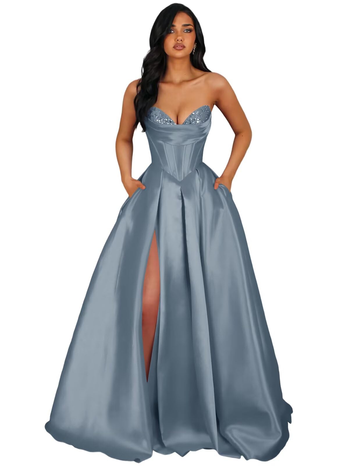 Strapless Satin Prom Dresses Long Formal Evening Cocktail Dress with Slit