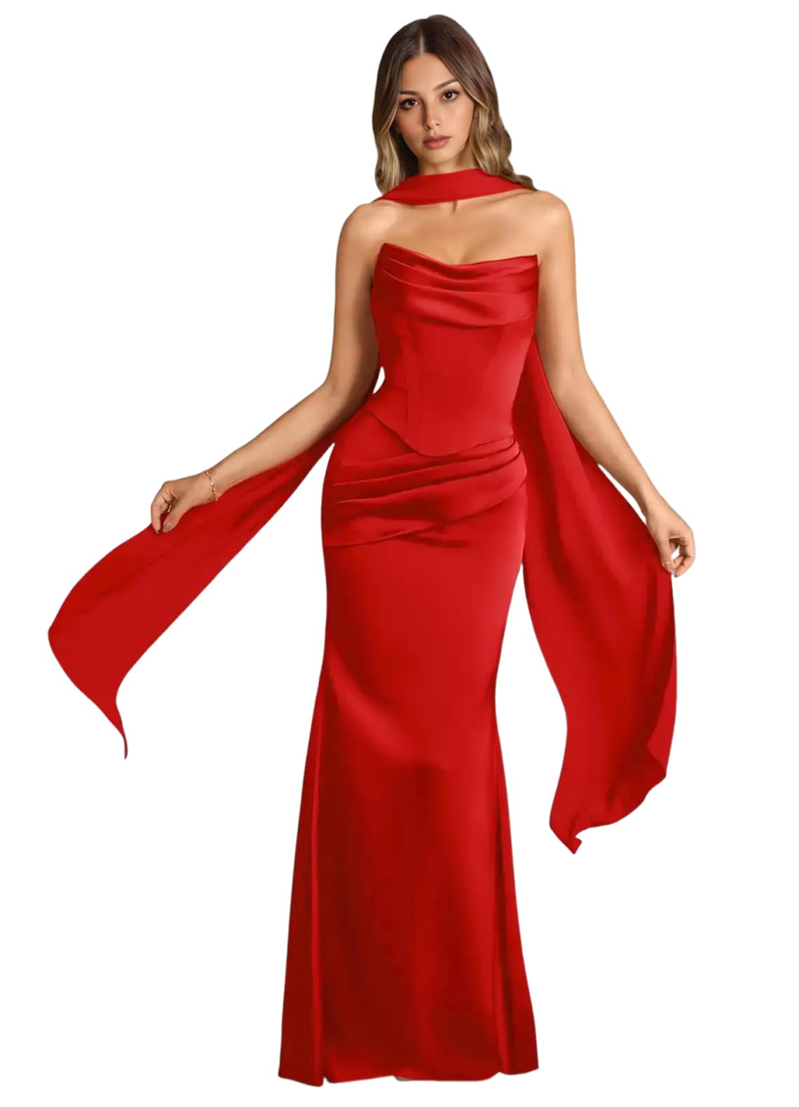 Strapless Satin with Scarf Convertible Long Mermaid Prom Dresses