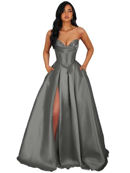 Strapless Satin Prom Dresses Long Formal Evening Cocktail Dress with Slit