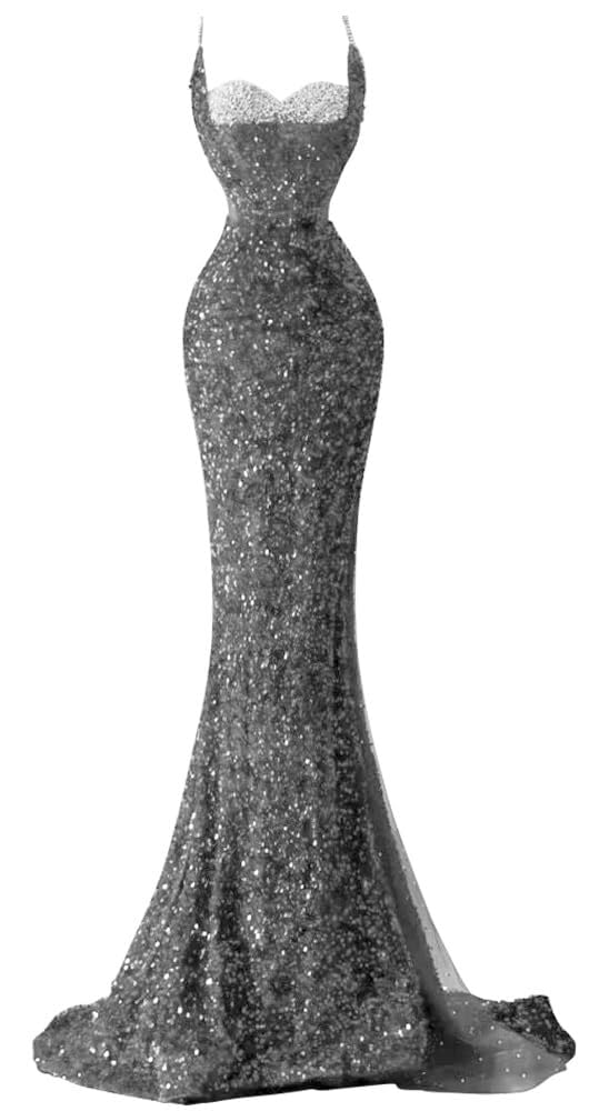 Spaghetti Straps Sequin Mermaid Long Prom Dresses  with Slit